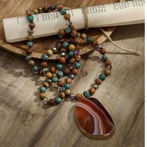 Bohemian  8mm bead Natural Stone  Necklace Striped AGATE pendant gold edged new